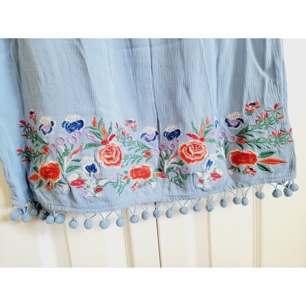 Umgee S Boho Floral Embroidered Pom Pom Trim Tunic Top Blue Small A3096 - Picture 6 of 13